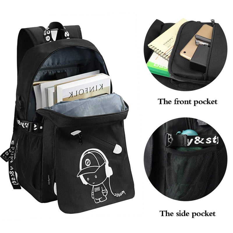FEWOFJ School Backpack for Boys, Cartoon Luminous Bookbag 15.6inch Laptop Bag with USB Charging Port - Music Black - Image 3